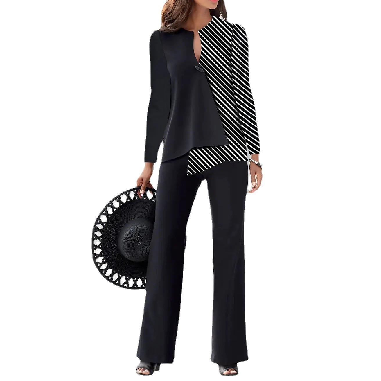 Dame elegant blazer sæt med asymmetrisk snit og stribet mønster Stilla