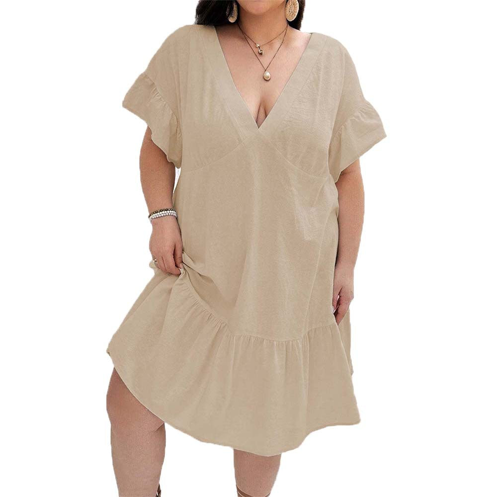 Dame afslappet sommerkjole med V-udskæring og flæsekant Stilla