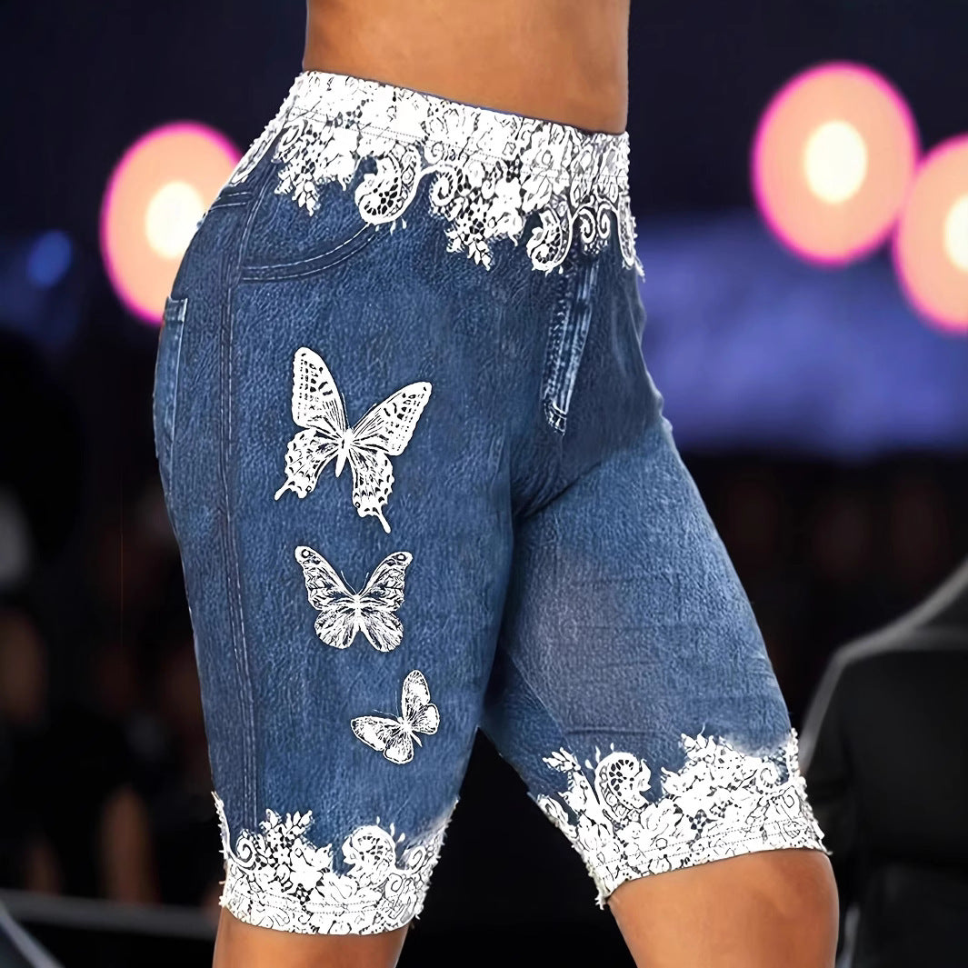 Dame designer-shorts med blomster-spids-og sommerfugle-applikationer Stilla