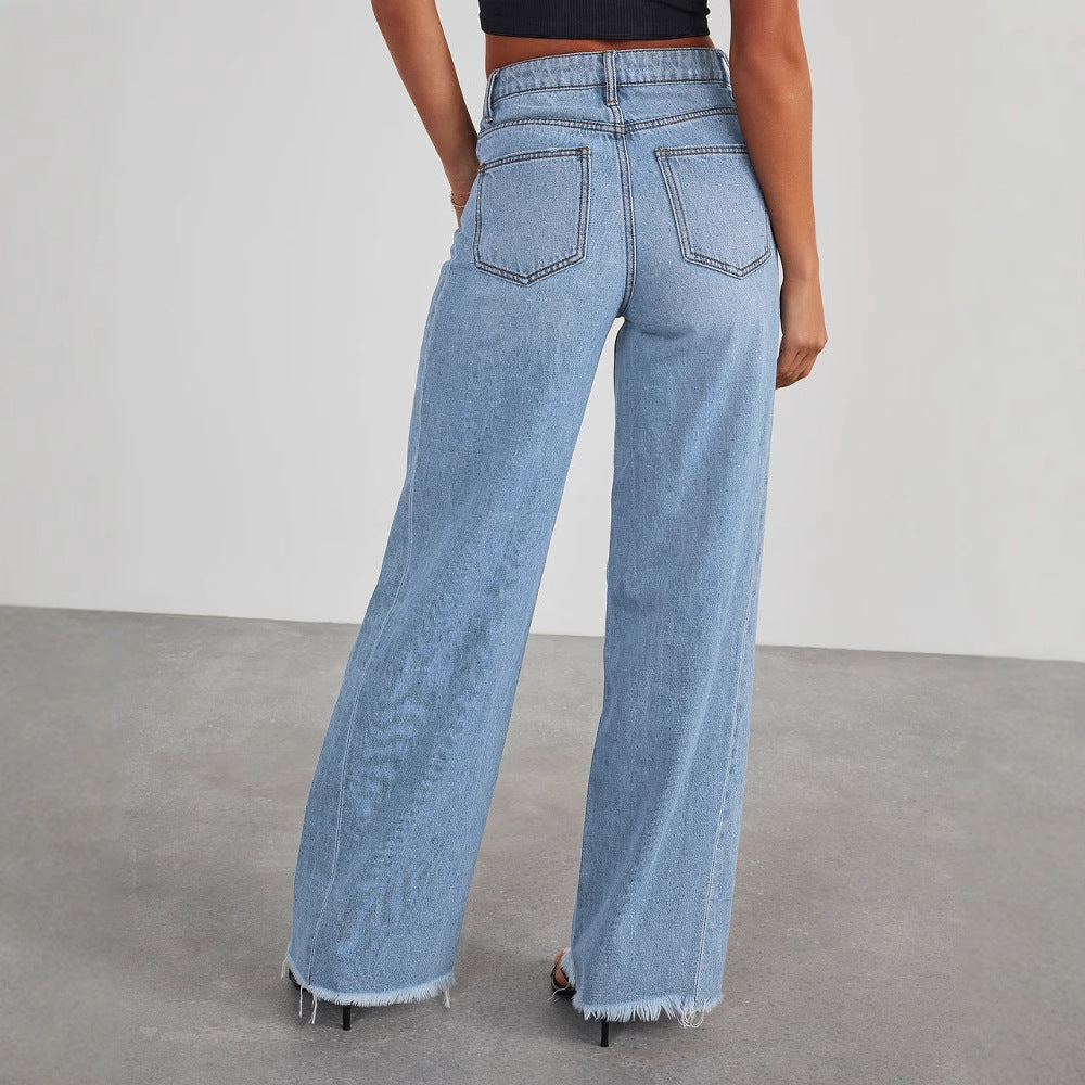 Dame løse jeans i afslappet vintage stil med frynset kant Stilla