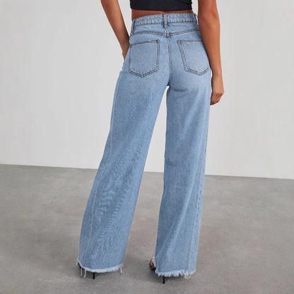 Dame løse jeans i afslappet vintage stil med frynset kant Stilla