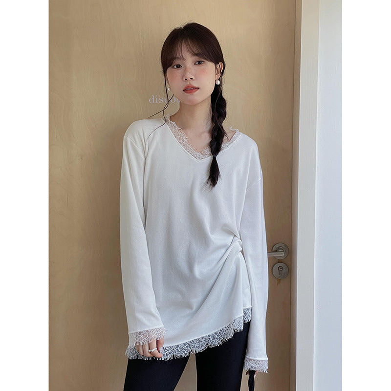 Dame afslappet langærmet skjorte med fine spidsdetaljer og sideknude Stilla