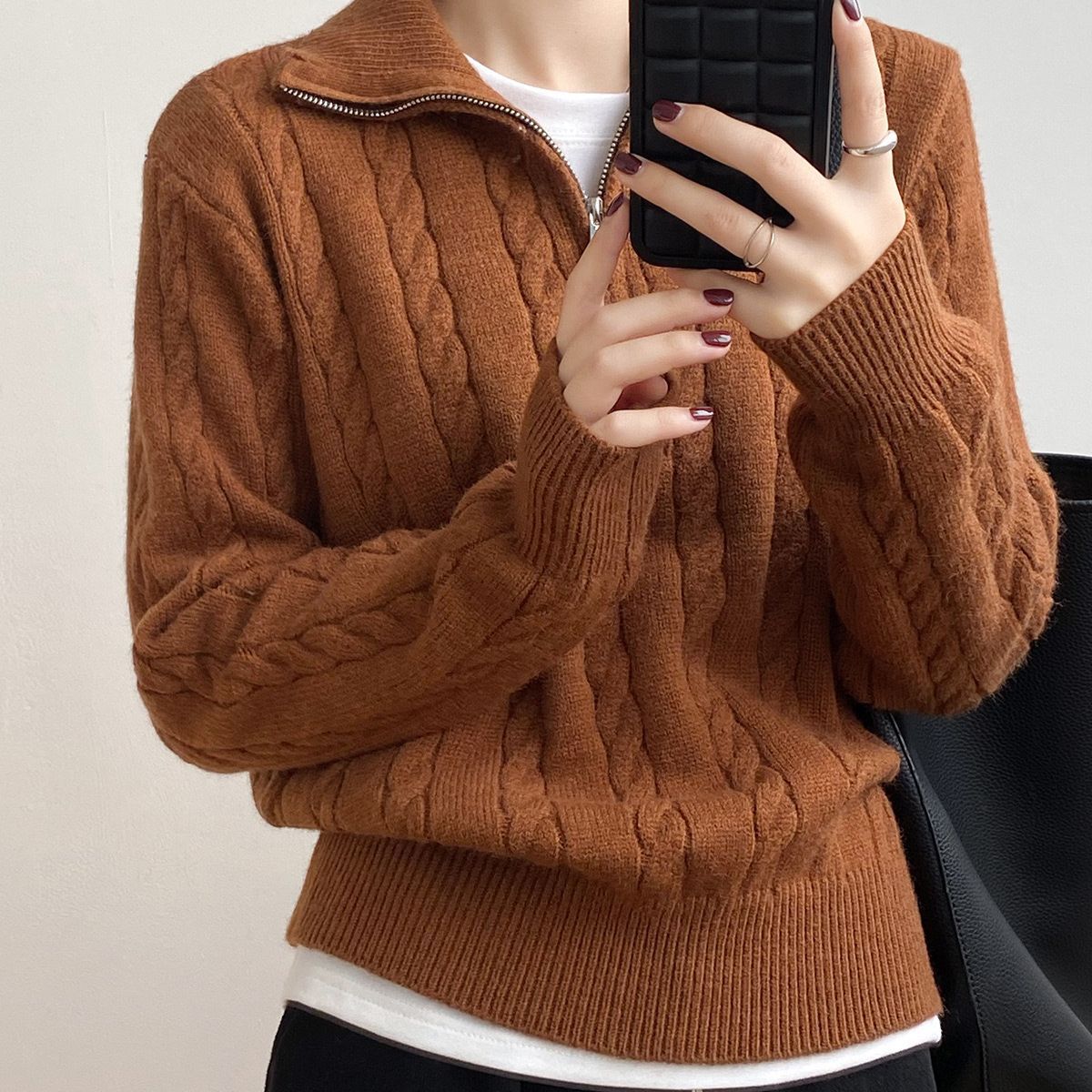 Femme Kabelstrik V-kvart-lynlå Pullover Sweater Stilla