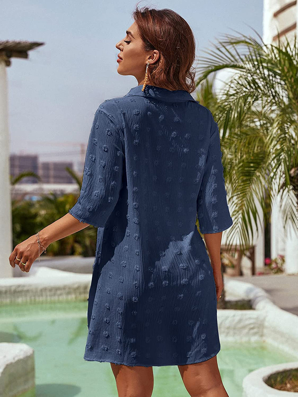 Dame afslappet overtrækskjole med struktureret stof og halve ærmer Stilla