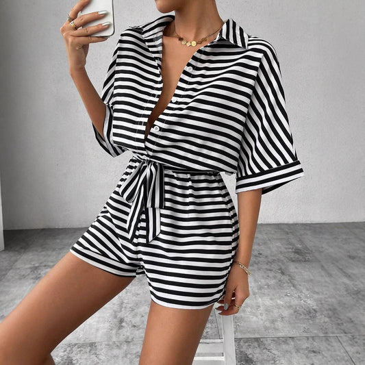 Dame Stilfuldt Stribet Korts Jumpsuit Stilla