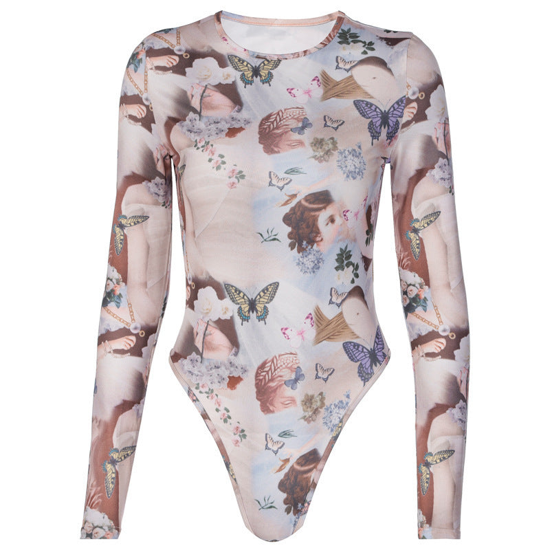 Dame Langærmet Bodysuit med kreativt floralt print og figursyet snit Stilla