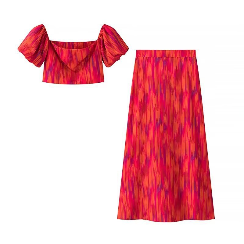 Dame Crop-Top og Maxiskørt Sæt med voluminøse ærmer og moderne mønster Stilla