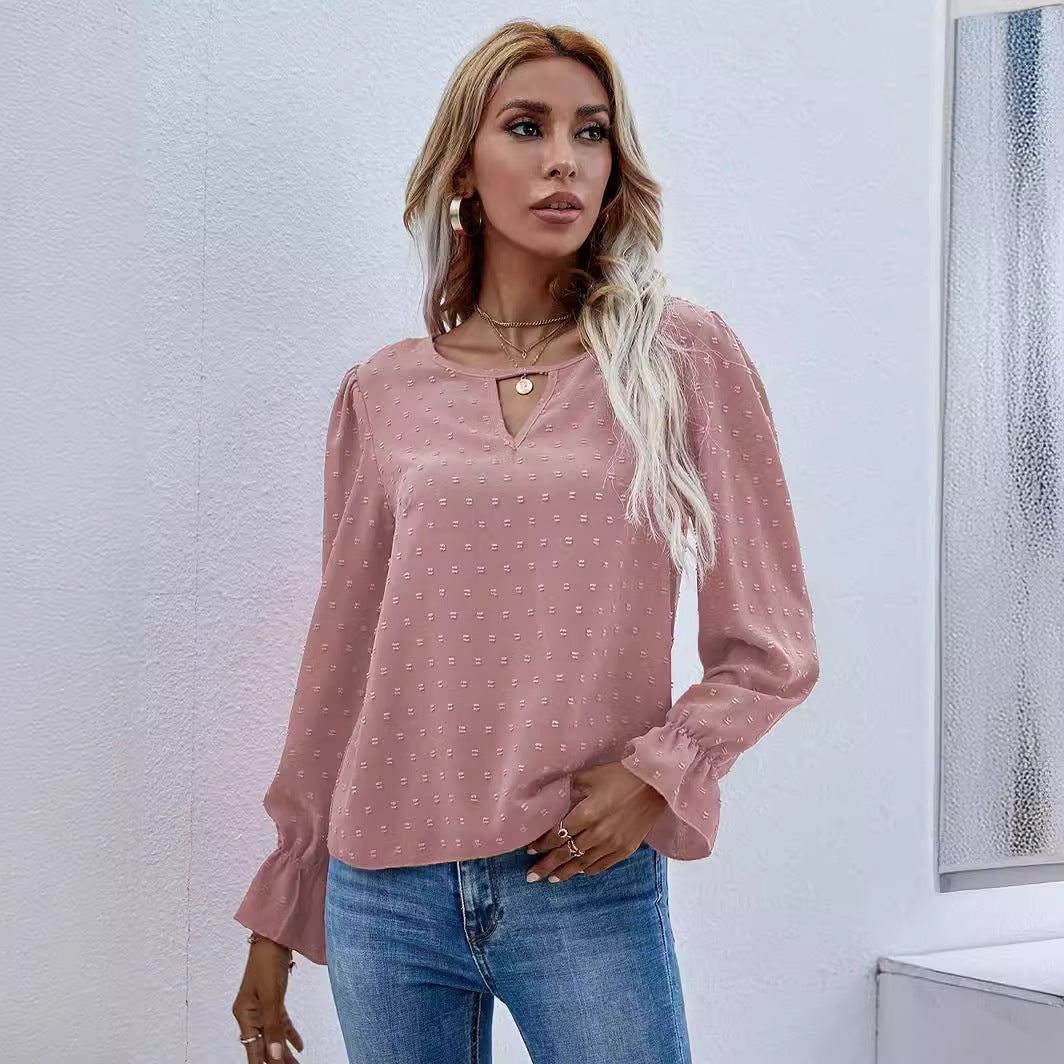 Dame elegant bluse med nøgleudskæring og puffærmer Stilla