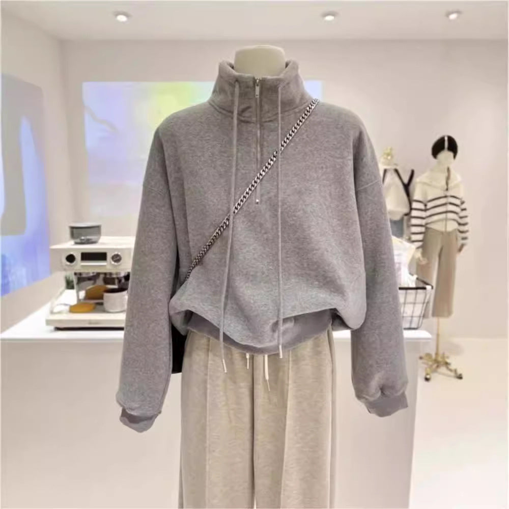 Dame Cropped Zip-Up Fleece Hoodie med justerbar snor Stilla
