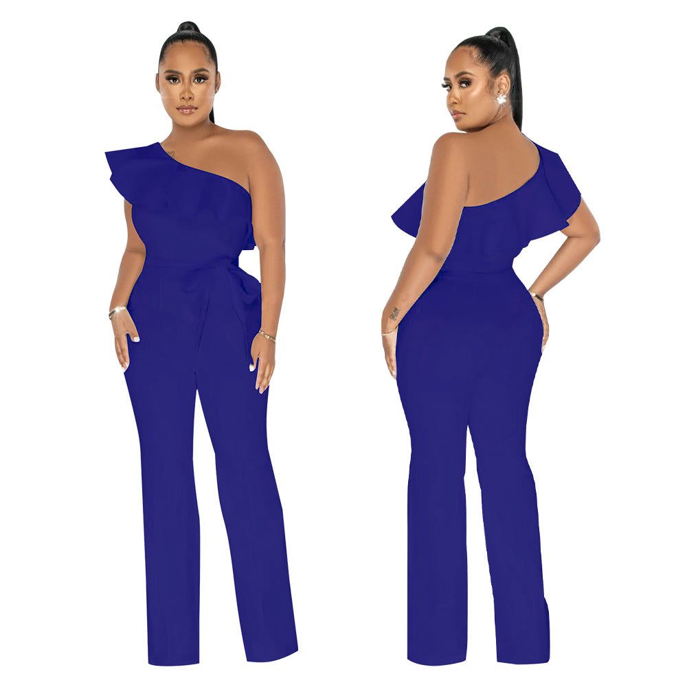 Dame Elegant One-Shoulder Jumpsuit med Rynke Detaljer og Taljebælte Stilla