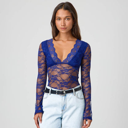 Femme Gennemsigtigt Spidslangærmet Bodysuit Stilla