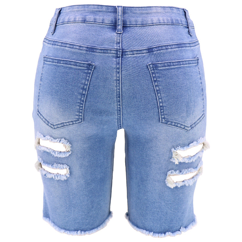 Dame Destroyed Denim-Shorts med frynset kant og modiske revne-detaljer Stilla