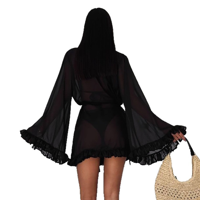 Dame afslappet sommerkjole med flæsedetaljer og justerbart bælte Stilla