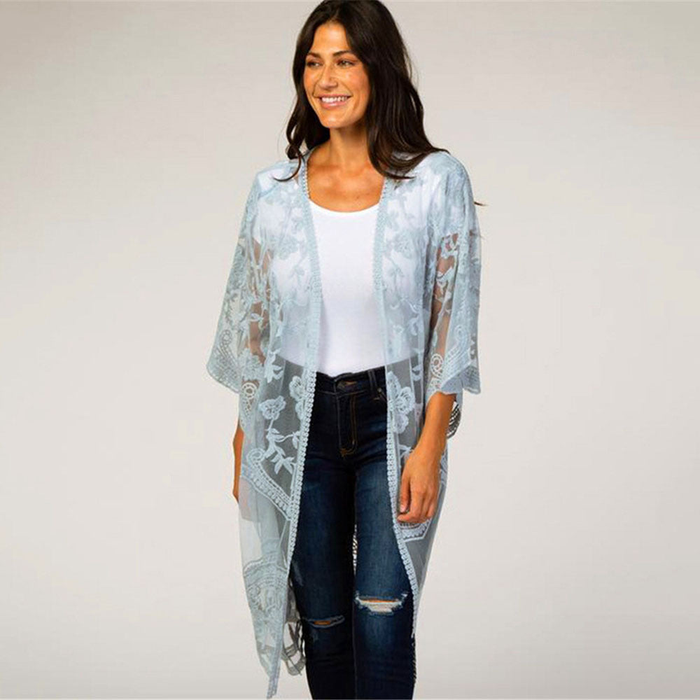 Dame Elegant Hækle-Kimono med florale Detaljer Stilla