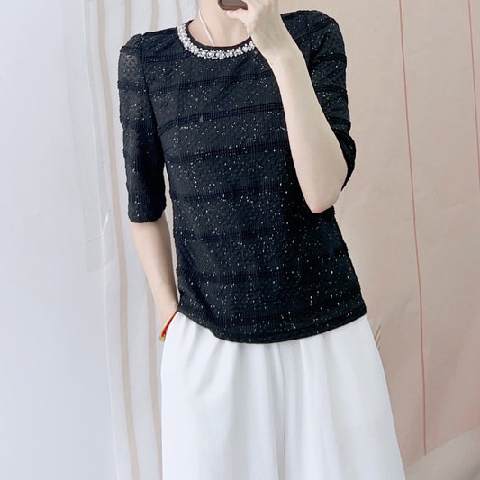 Dame Elegant Bluse med perleprydet krave og struktureret mønster Stilla