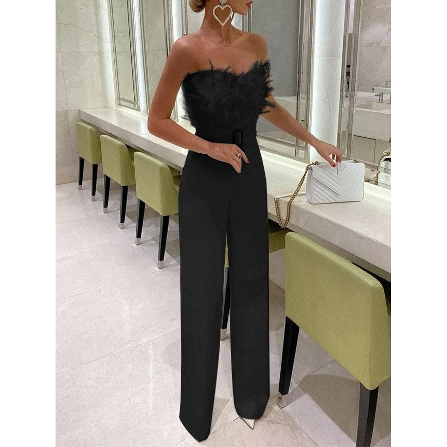 Dame Elegant Jumpsuit med Fjer og Taljemateriale Stilla