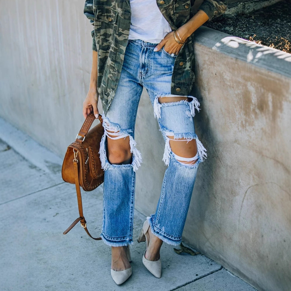 Dame Destroyed Jeans i afslappet Boyfriend-snit med frynse-detaljer Stilla