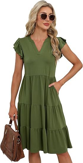 Dame afslappet flæsekjole med lomme og V-udskæring Stilla