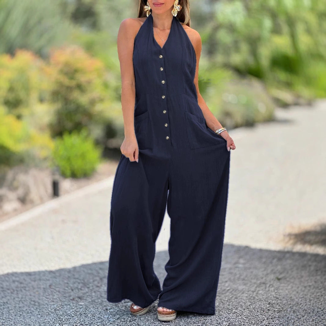 Dame jumpsuit med knapliste og vide ben Stilla