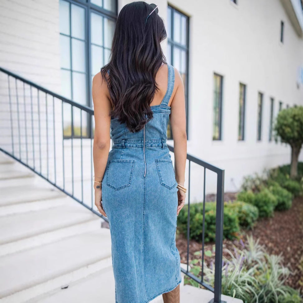 Dame Denim-Midi kjole med figursyet snit og praktiske lommer Stilla