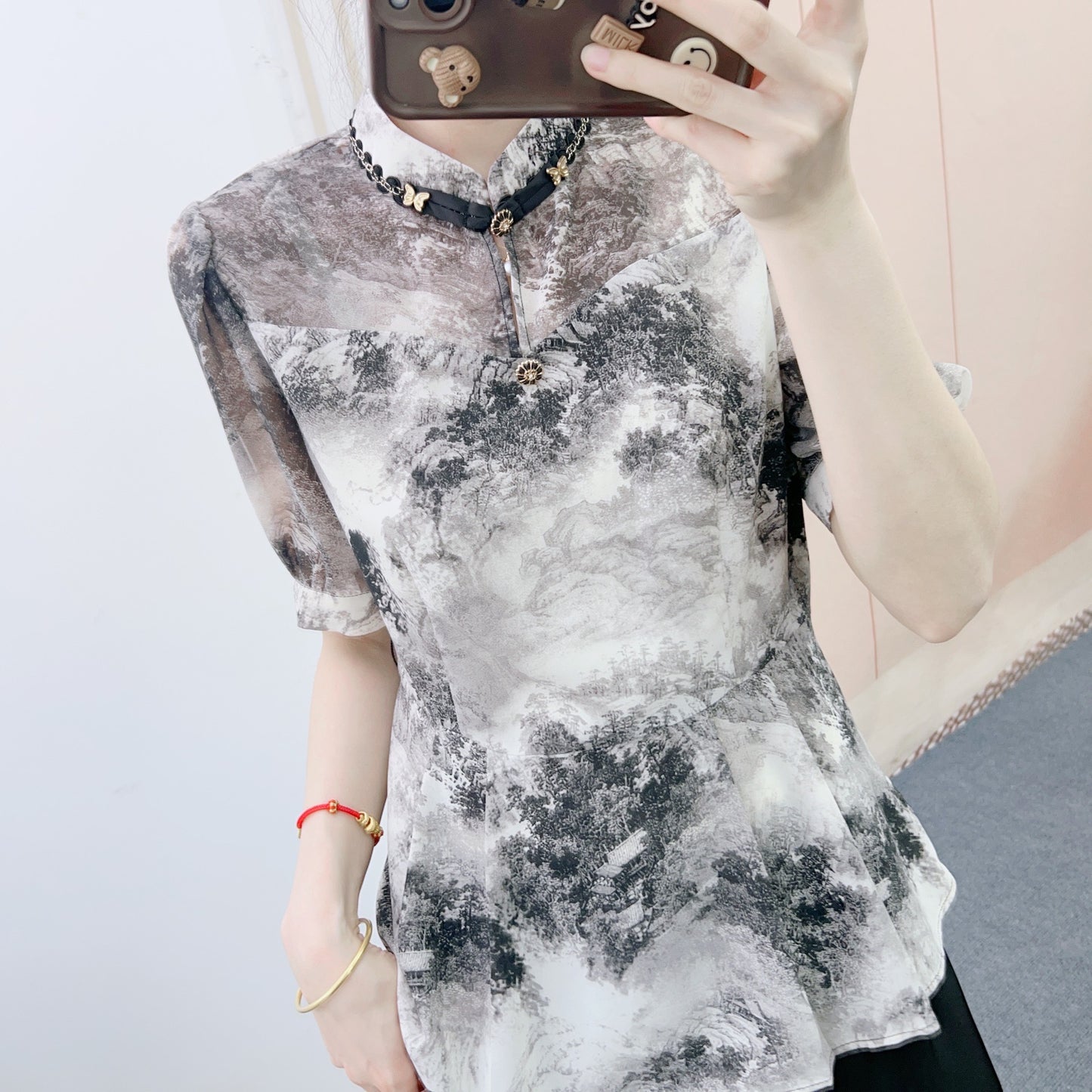 Dame Elegant Bluse med grafisk mønster og moderigtig krave Stilla