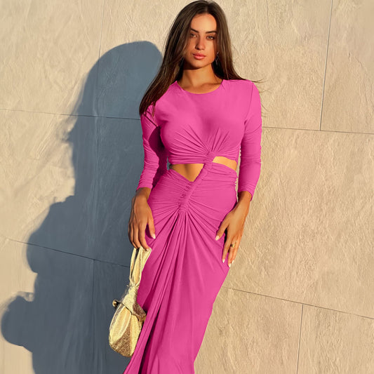 Dame elegant Cut-Out maxikjole med rynket design og asymmetrisk slids Stilla