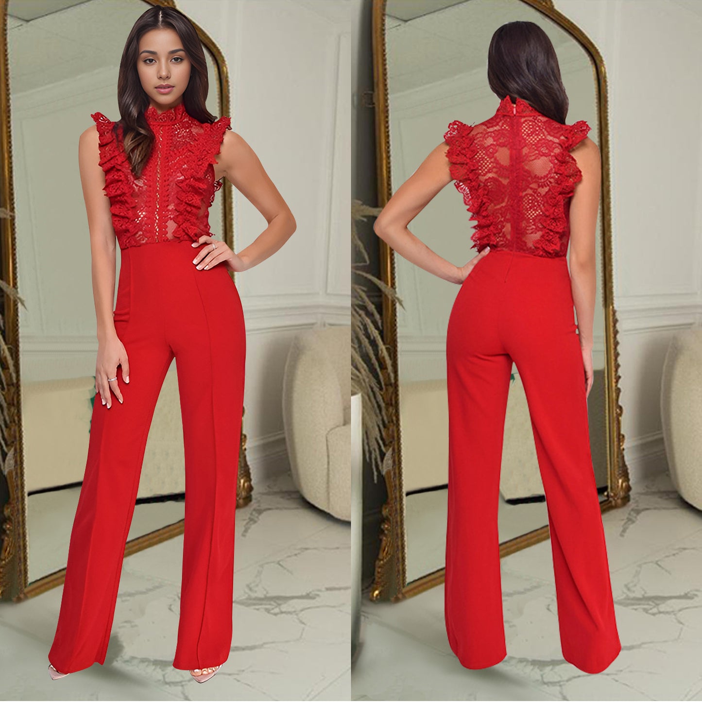 Dame Elegant Jumpsuit med Volangdetaljer og Transparent Overdel Stilla