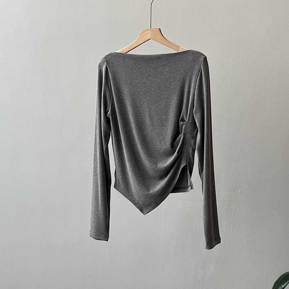 Dame afslappet langærmet skjorte med asymmetrisk snit og raffineret draperingsdesign Stilla