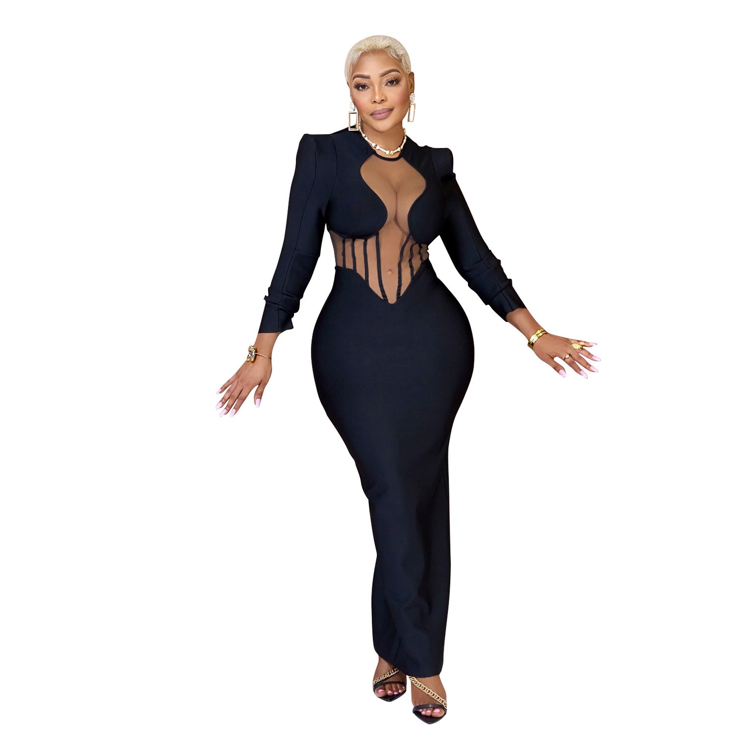 Dame Elegant aftenkjole med gennemsigtige indsatser og tætsiddende snit Stilla