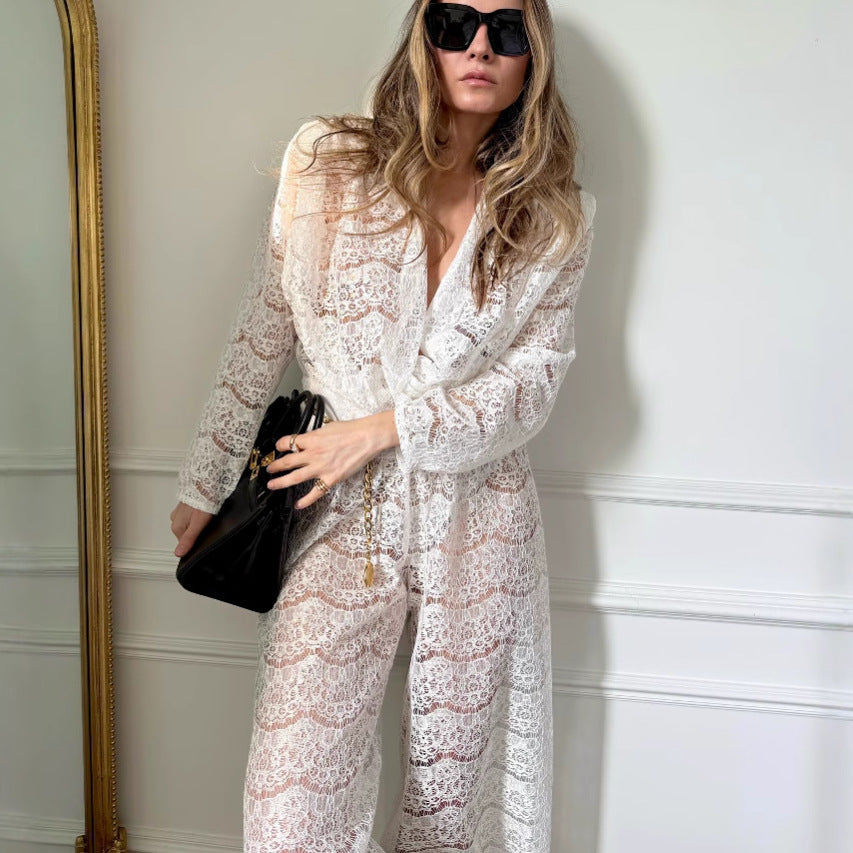 Dame jumpsuit af elegantspitze med flydende snit og bredt ben Stilla
