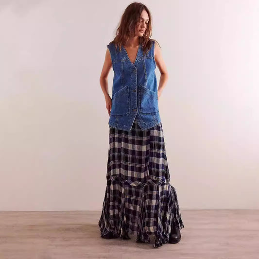 Dame afslappet jeansvest med dyb V-udskæring og store lommer Stilla