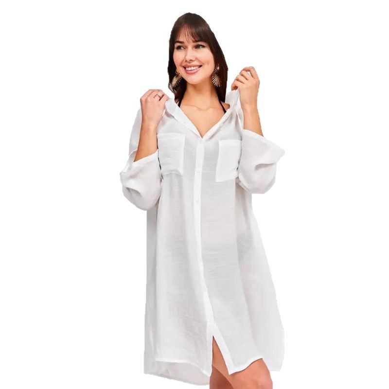 Dame afslappet skjortekjole med brystlommer og lange ærmer Stilla