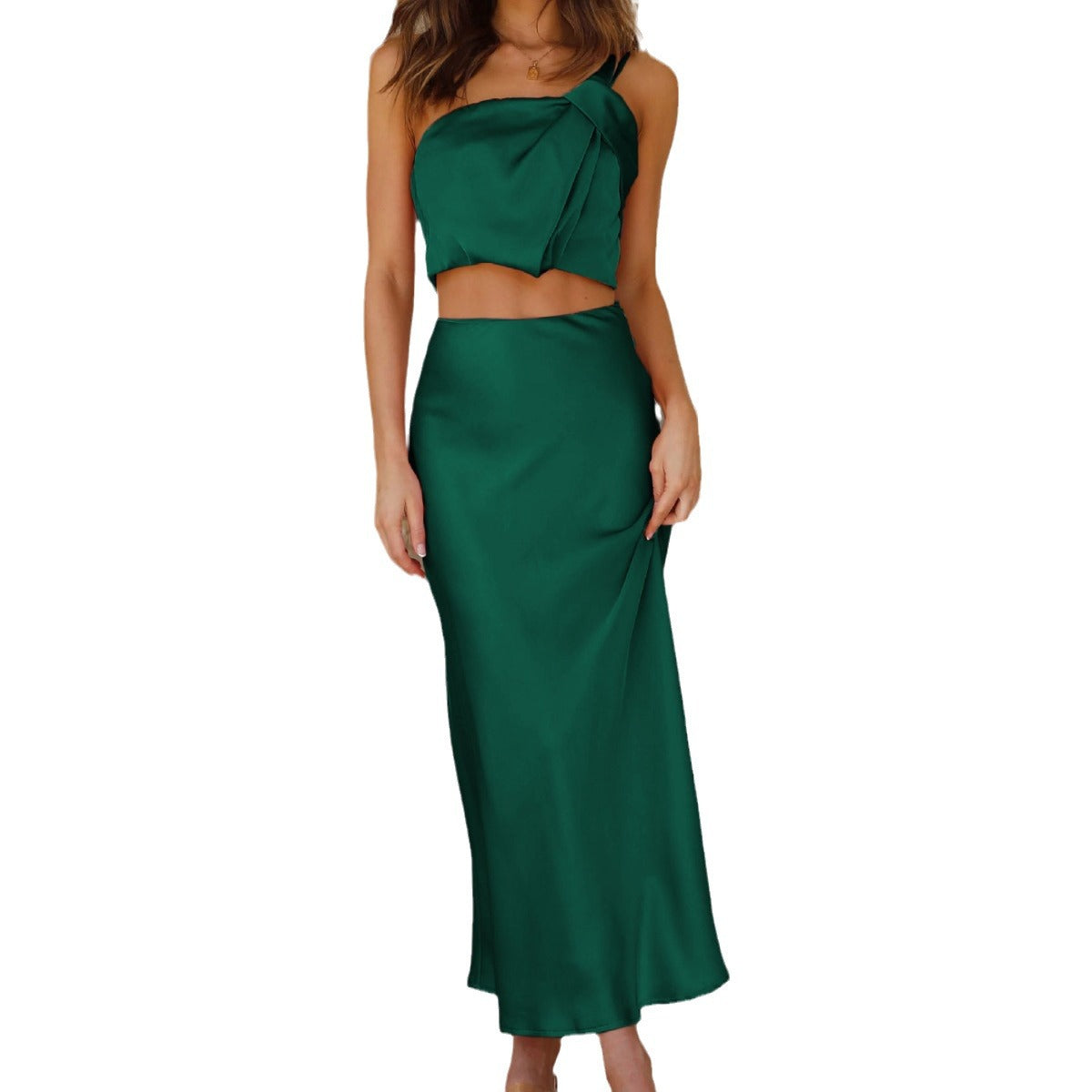 Dame elegant Crop-Top og Maxiskørt Sæt lavet af luksuriøs Satin Stilla