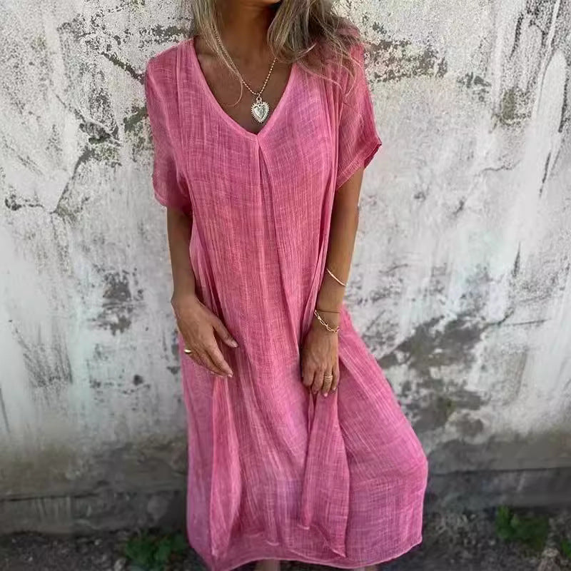 Dame afslappet maxikjole i let materiale med V-hals og overdimensionerede ærmer Stilla