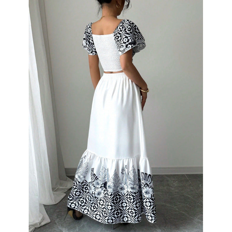 Dame Crop-top med voluminøse ærmer og elegant nederdel Stilla