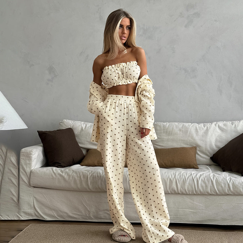 Dame Cropped Top og Nederdel-Sæt med Hjerte Motiv og Luftig Pasform Stilla