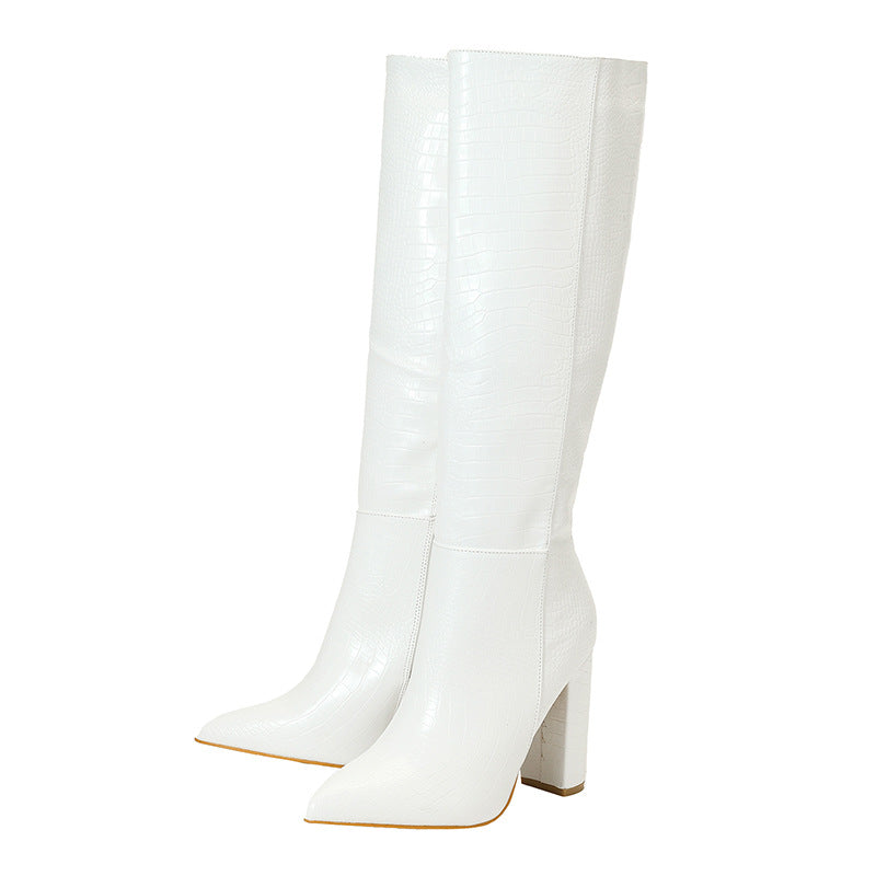 Dame Overknee Støvler med glinsende Krokodille-look og elegant blokhæl Stilla