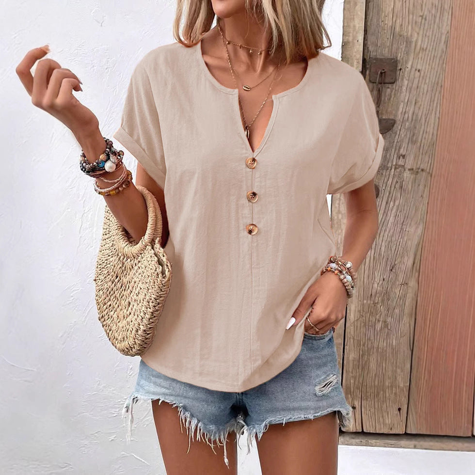 Dame afslappet kortærmet bluse top med knaplukning og V-hals Stilla