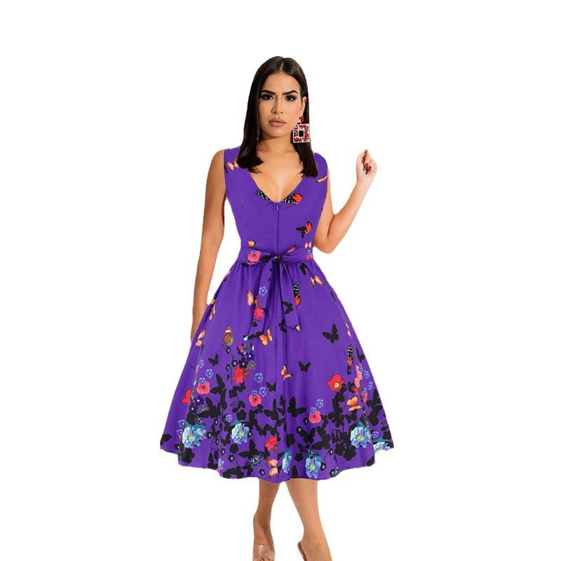 Dame A-linje kjole med floralt mønster og svajende kant Stilla