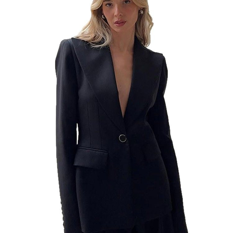 Dame elegant jakkesæt med figursyet blazer og vide bukser Stilla