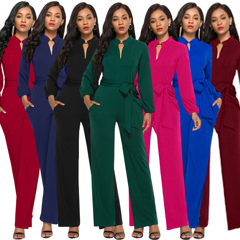 Damer Elegant Langærmet Jumpsuit med Talje bånd og Knapdetaljer Stilla