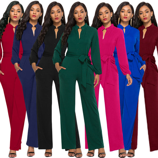Damer Elegant Langærmet Jumpsuit med Talje bånd og Knapdetaljer Stilla