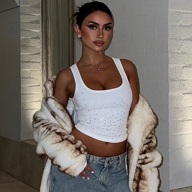 Dame Elegant crop top med funklende strasssten Stilla