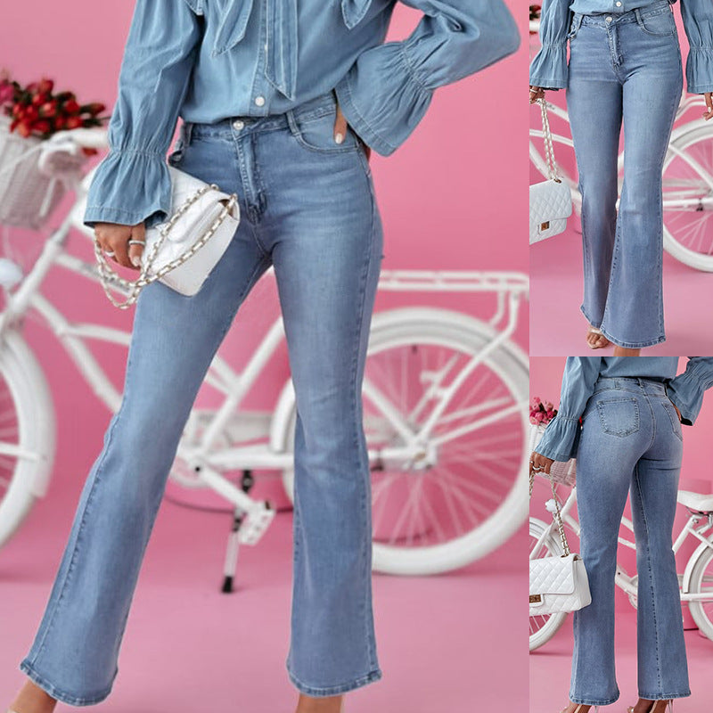 Dame denimbluse med flæsedetaljer og knyttet udskæring Stilla