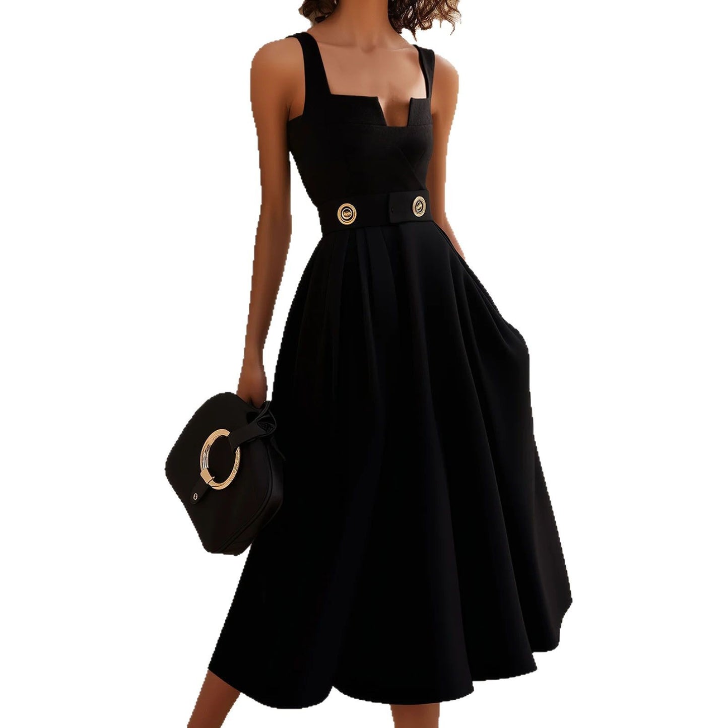 Dame A-linje Midi kjole med firkantet udringning og dekorativt bælte Stilla