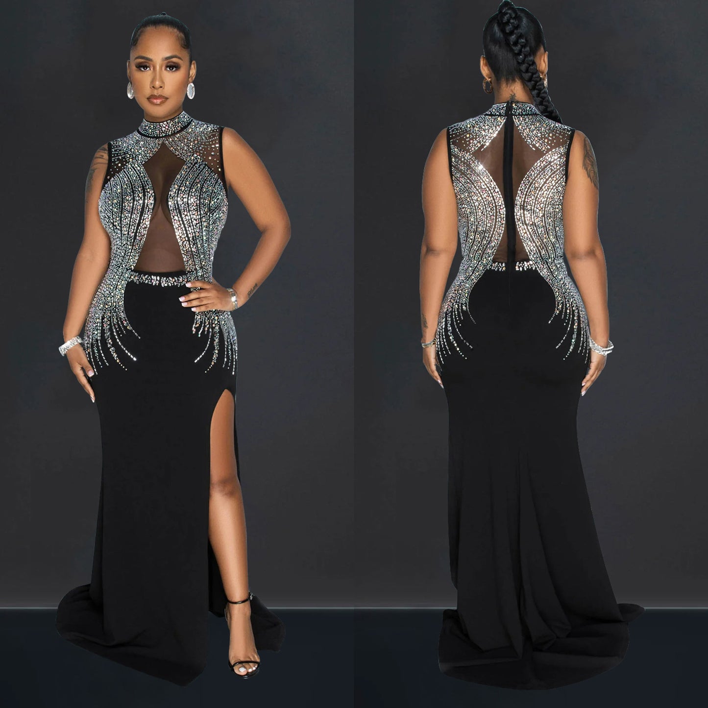 Dame Elegant aftenkjole med transparent spids og strassdekorationer Stilla