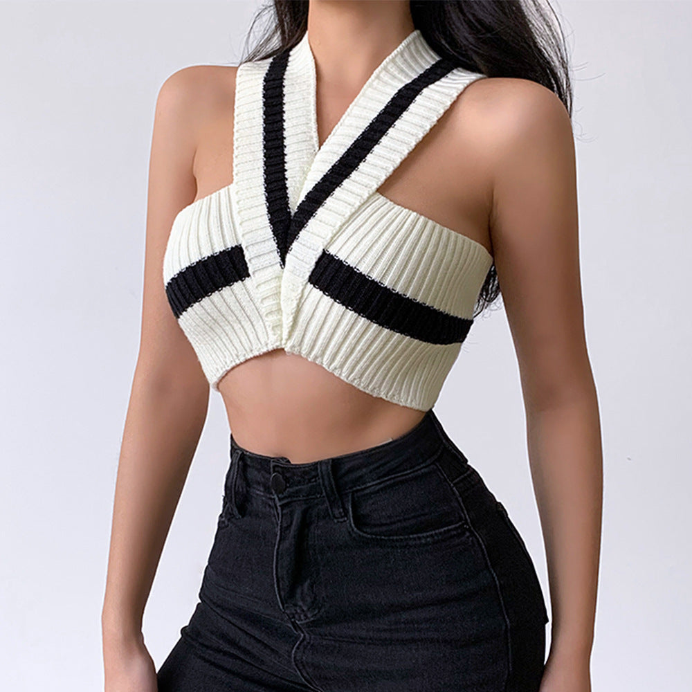 Dame Cropped Top med V-udskæring og strukturmønster Stilla