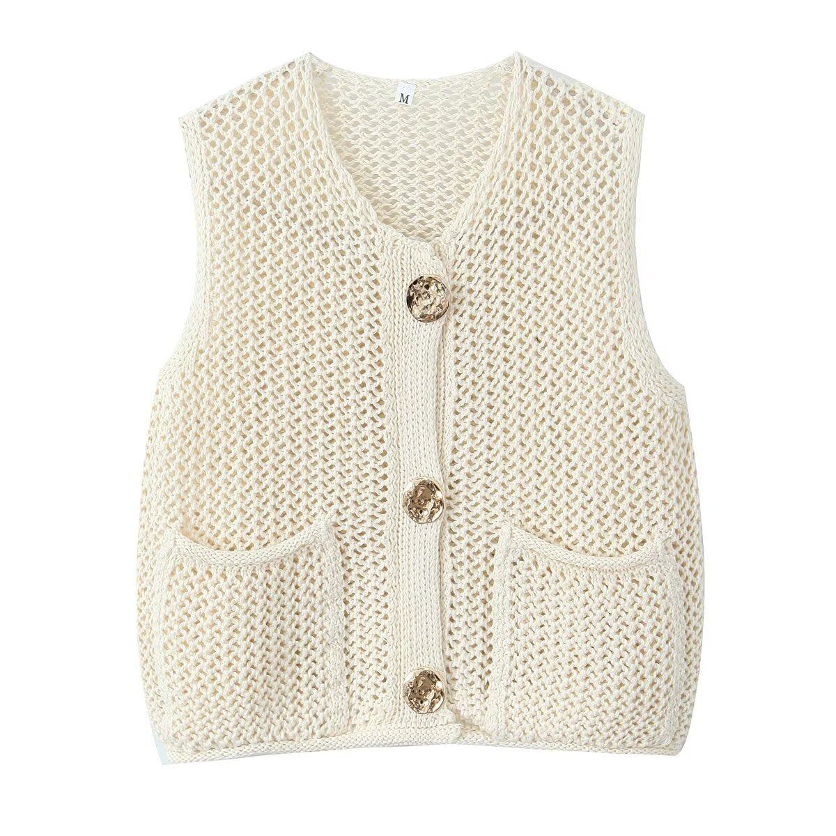 Dame strikvest med elegante knapper og lommer Stilla