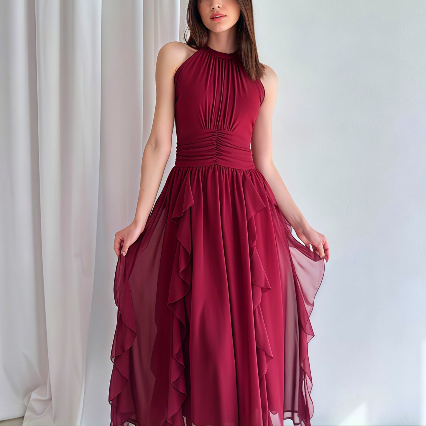 Dame elegant halværmet kjole med flæsedetaljer Stilla