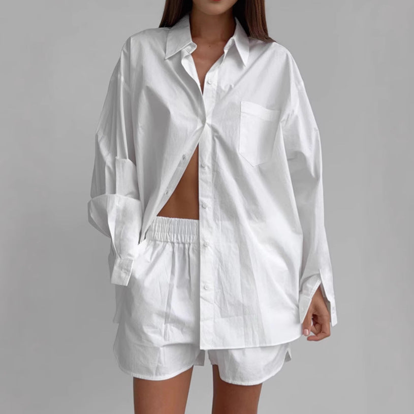 Dame afslappet skjorte- og shorts-sæt i let bomuldsstof med komfortabel pasform Stilla